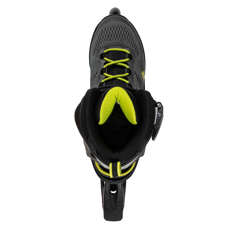 Black and yellow inline skate boot on a white background