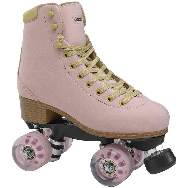 Pink roller skate with yellow laces on a white background
