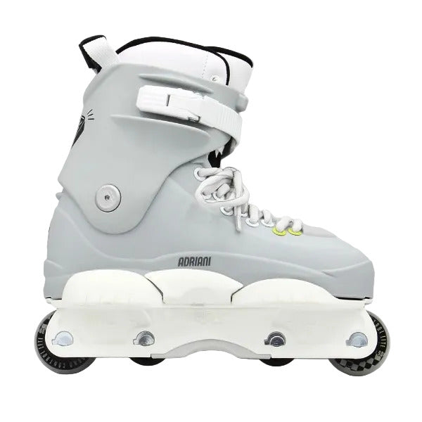 A light gray and white inline skate boot with black wheels, featuring the brand name 'ADRIANI' printed on the side, set against a plain light gray background.