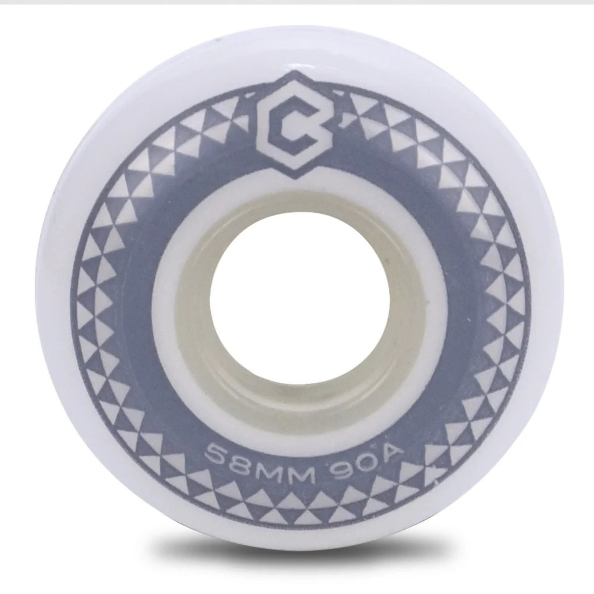 Aggressive inline skate wheel pictured from the side. White/natural urethane with gray graphic and logo design. 58mm 90a are printed in the graphic