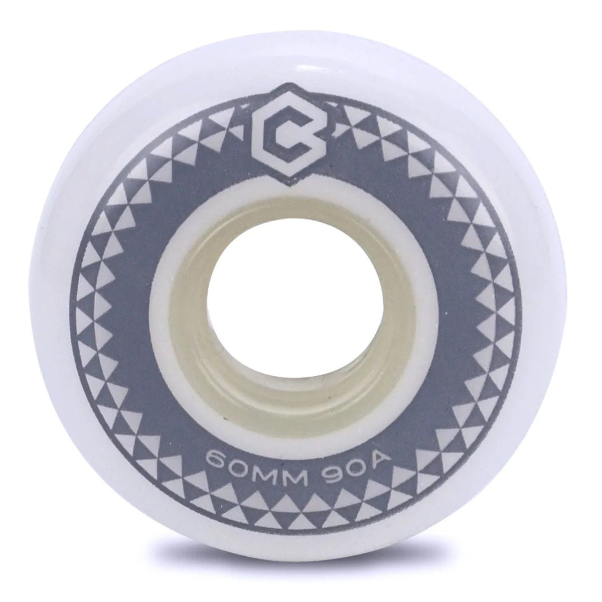 White or natural urethane aggressive skate wheel with gray graphic and logo. The text "60mm 90a" is printed on the side.
