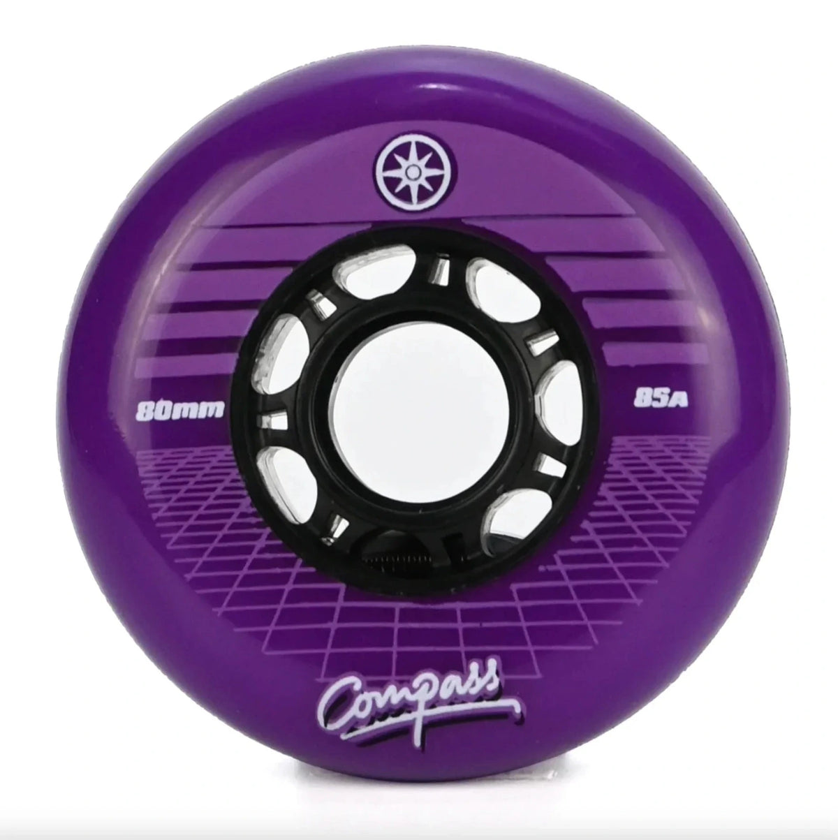 A single purple inline skate wheel with a black hub, featuring the brand name 'Compass' and size markings '80mm' and '85A' on a clean white background.