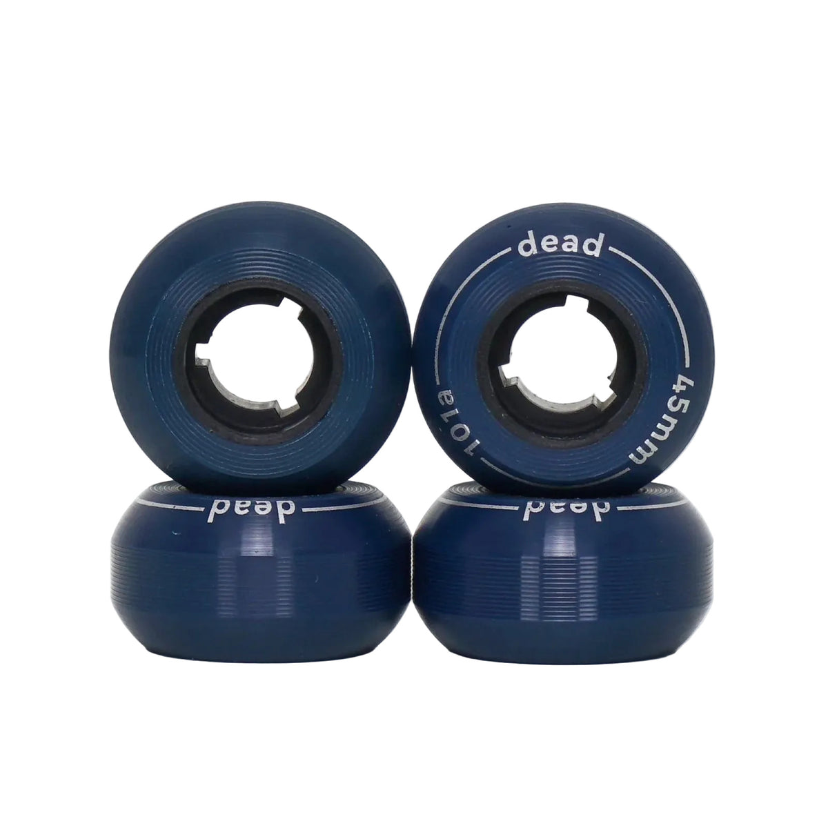 Four Navy blue skate wheels set up in a stacked position making two of the wheels face visible showing text on one of them that reads "dead 101a 45mm". The wheels are featured on a white background.