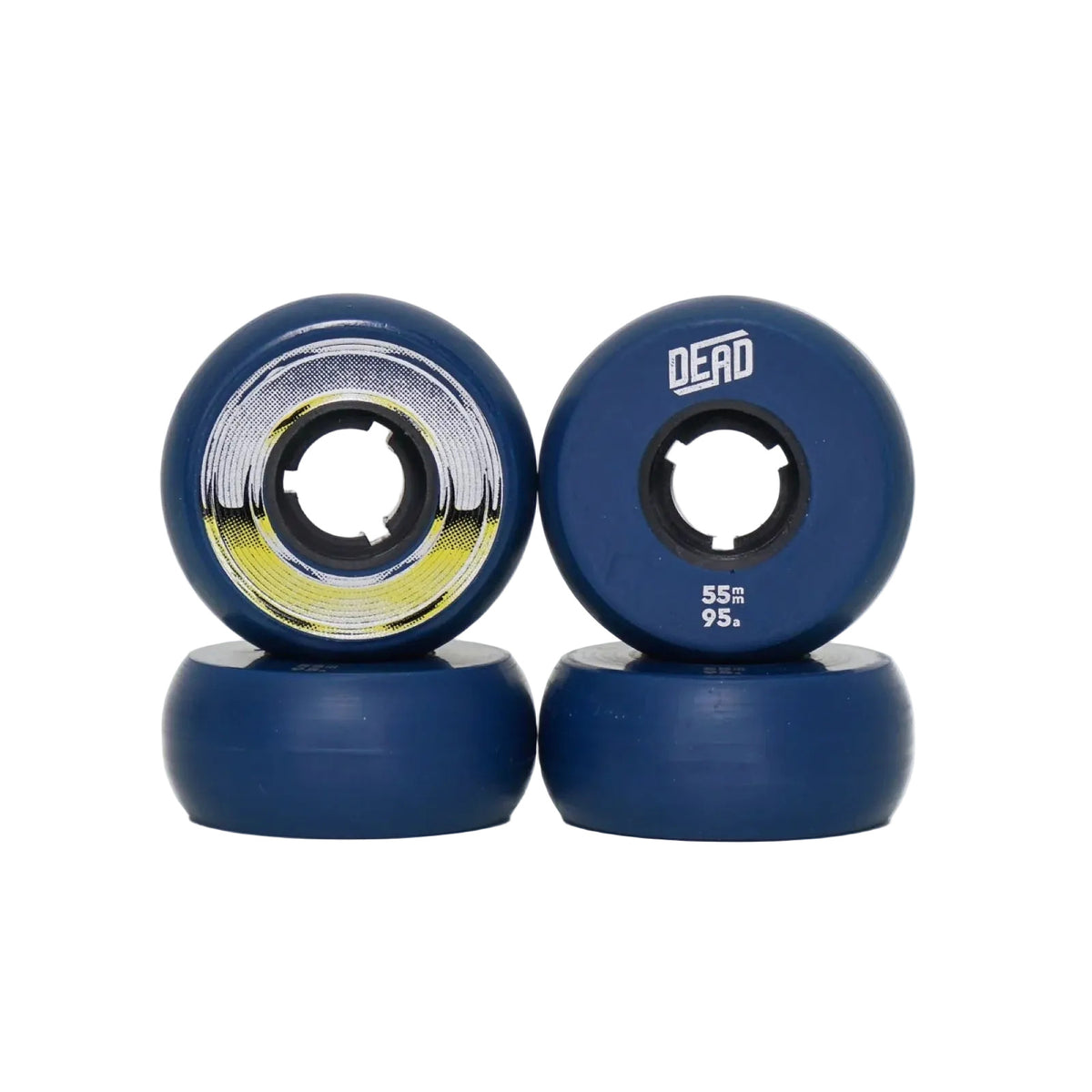 Four blue skate wheels with a visible brand logo on a white background