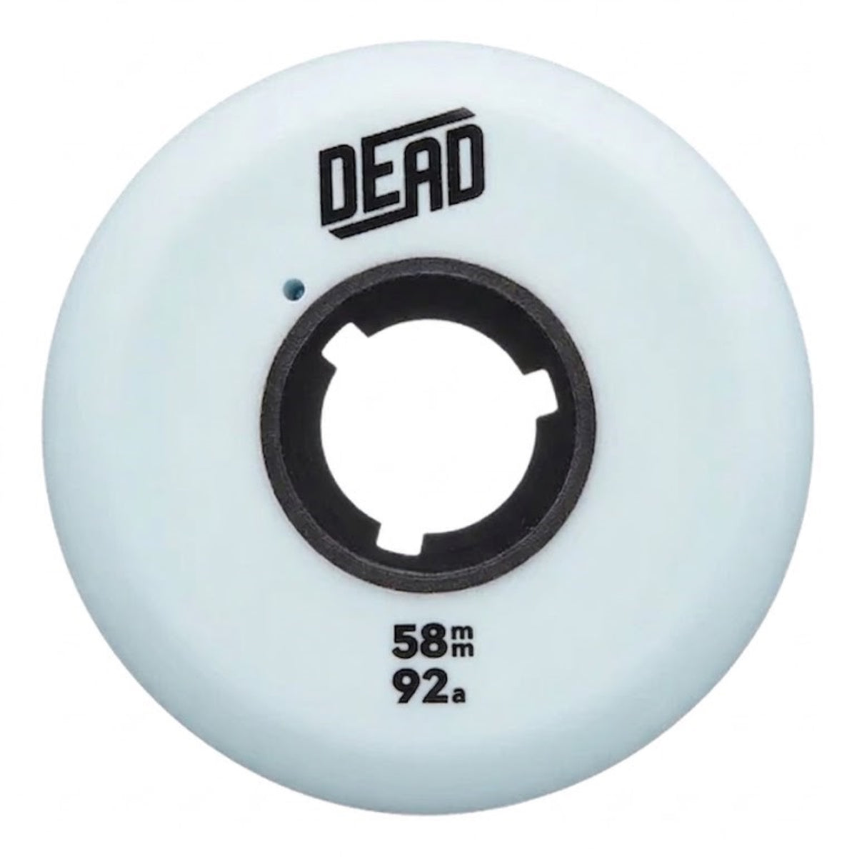A single powder blue inline skate wheel with a black core and black text that reads "DEAD 58MM 92A". The wheel is featured against a white background.