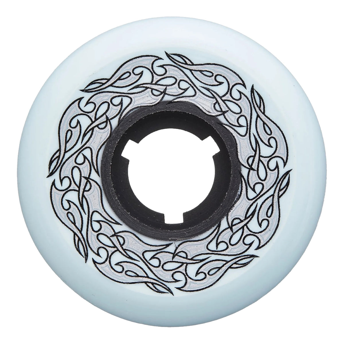 A single light blue inline skate wheel with a black and silver pin-stripe flame graphic with a black core featured against a solid white background.