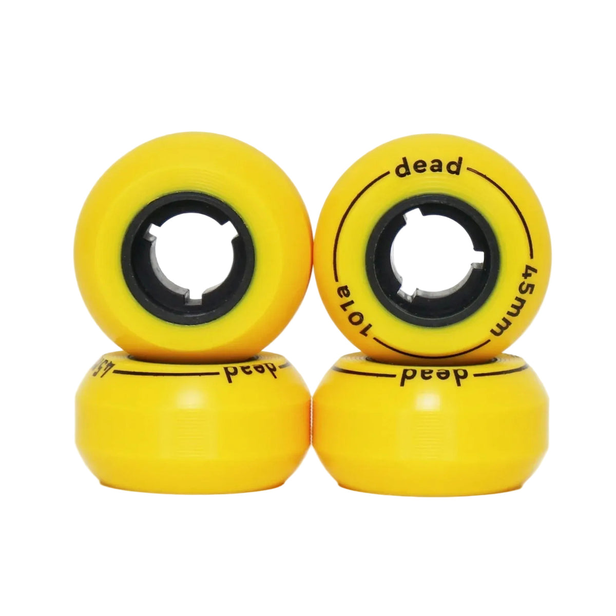 4 yellow skate wheels with a black core stacked on top of each other on a white background.