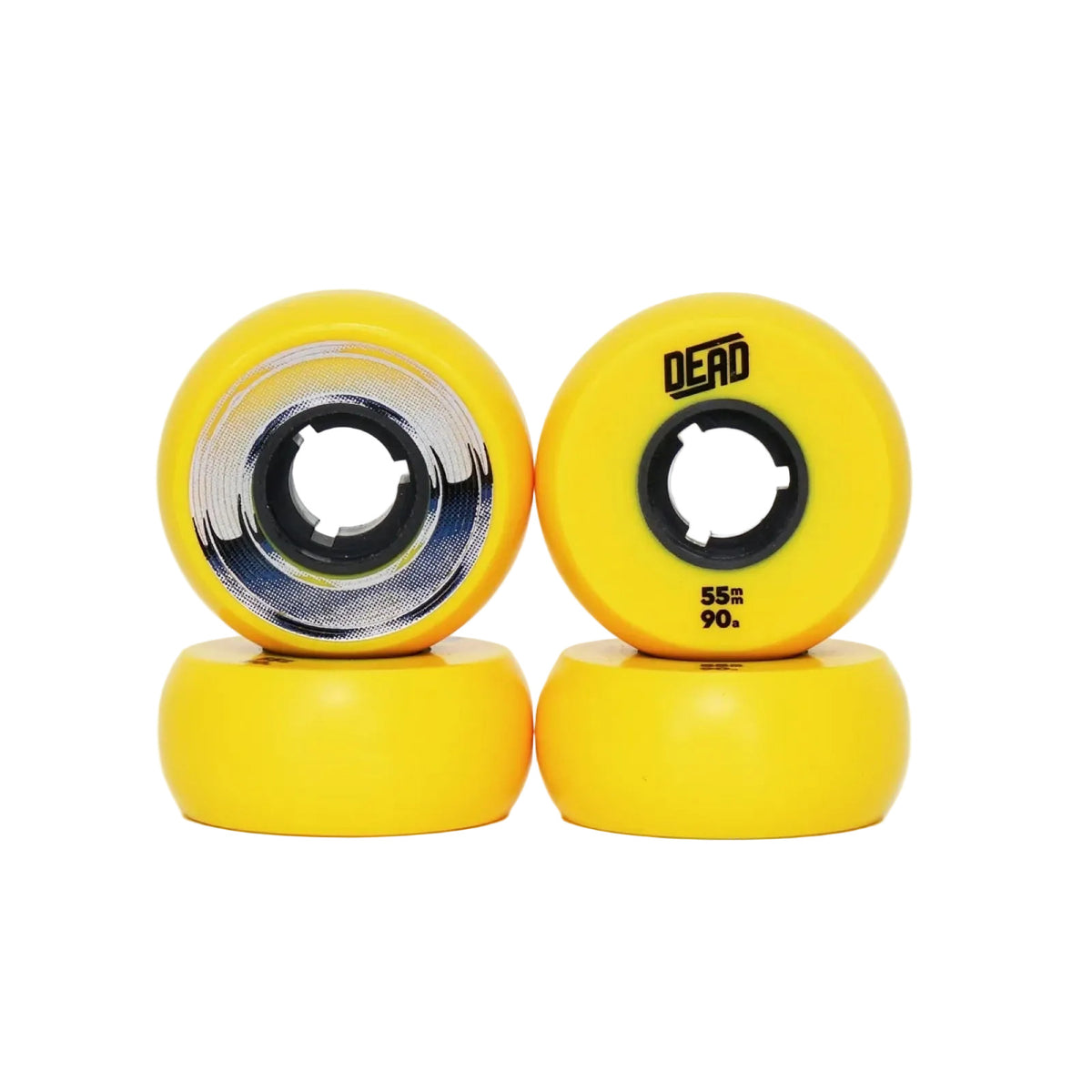 Four bright yellow skate wheels arranged in two pairs, with one wheel showing the side and the other showing the top and bottom. The top features the brand name 'DEAD' and the numbers '55a 90'.