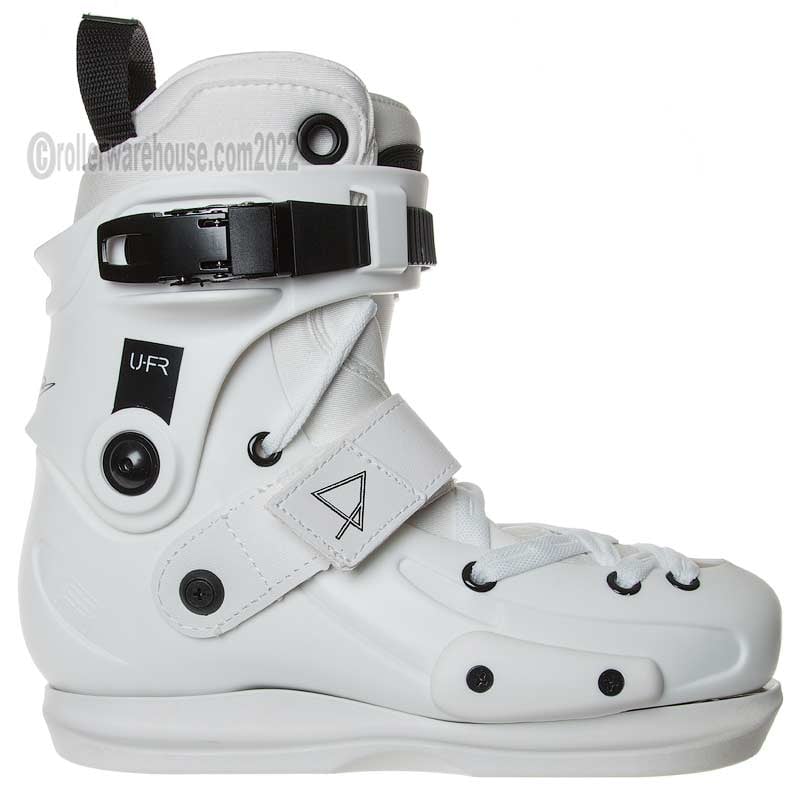 White rollerblade boot with black accents on a white background