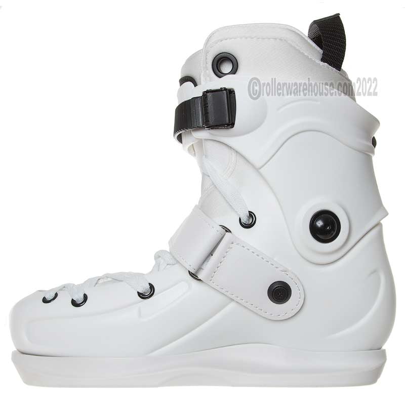White rollerblade boot with black accents on a white background