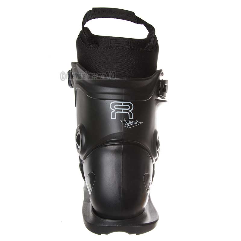 Black ski boot with a visible brand logo on a white background