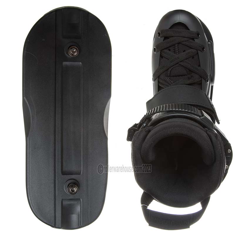 Black inline skate boot with side view on a white background