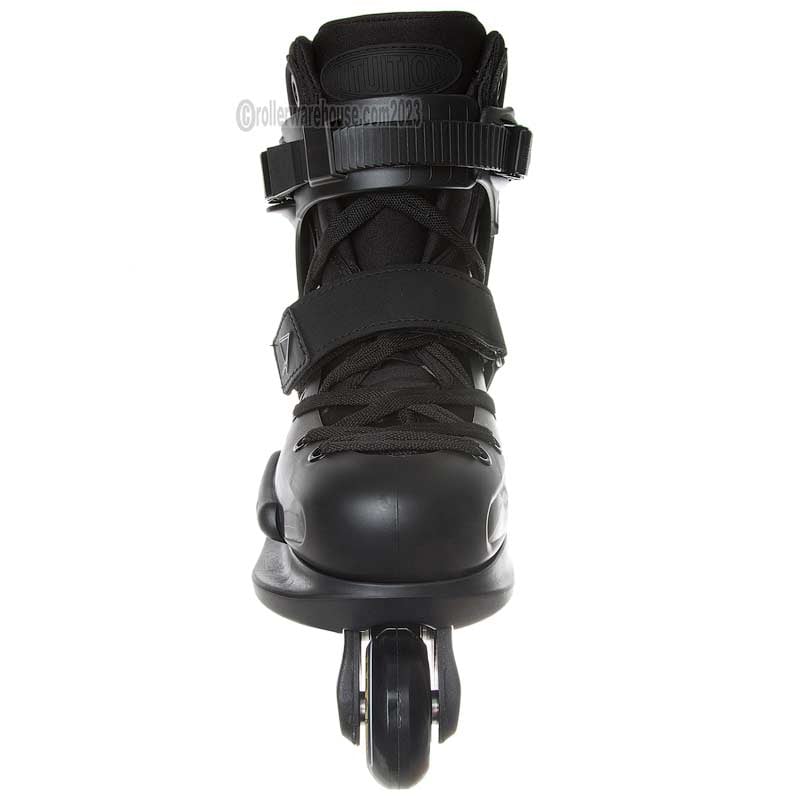 Black inline skate on a white background