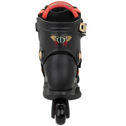 A single black inline skate boot with red and gold accents, shown from the front against a plain white background.