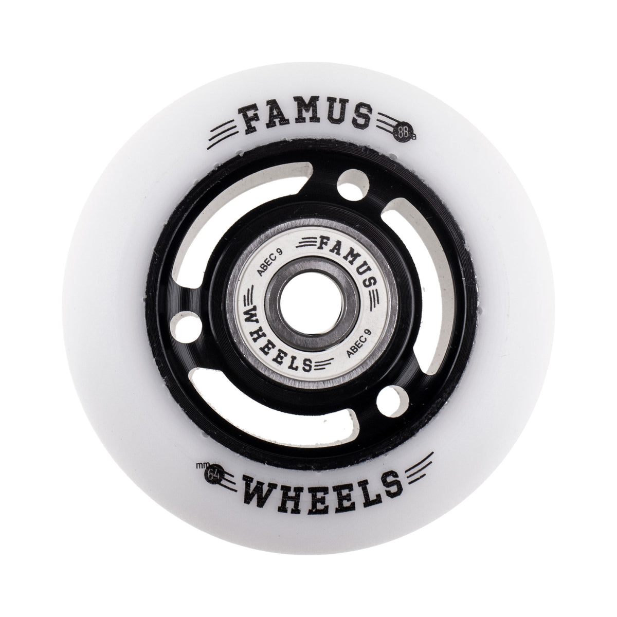 Close up shot of a single white urethane aggressive inline skate wheel with black text printed on the face of the wheel that reads "FAMUS 88A 64M WHEELS". the core and spokes of the wheel are black and there is a white bearing in the middle of the wheel with black text that reads "FAMUS ABEC 9 WHEELS". The background is white.