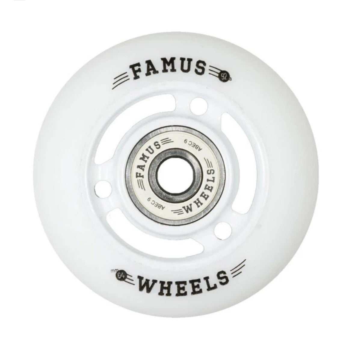 Up-close image of a white urethane inline skate wheel. The urethane, spokes, and the bearings in the wheel are all white. On the face of the wheel is is written "Famus 92" and "64 wheels". On the bearing is written "Famus abec 9 Wheels"
