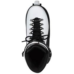 A single black and white high-top lace-up boot shown from a top-down view on a plain white background.