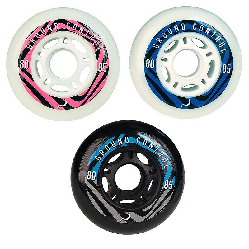 Three inline skate wheels on a plain white background: two translucent white wheels with pink and blue graphics, and one black wheel with blue and gray graphics. Each wheel shows the text 'GROUND CONTROL' and speed markings 80 and 85.