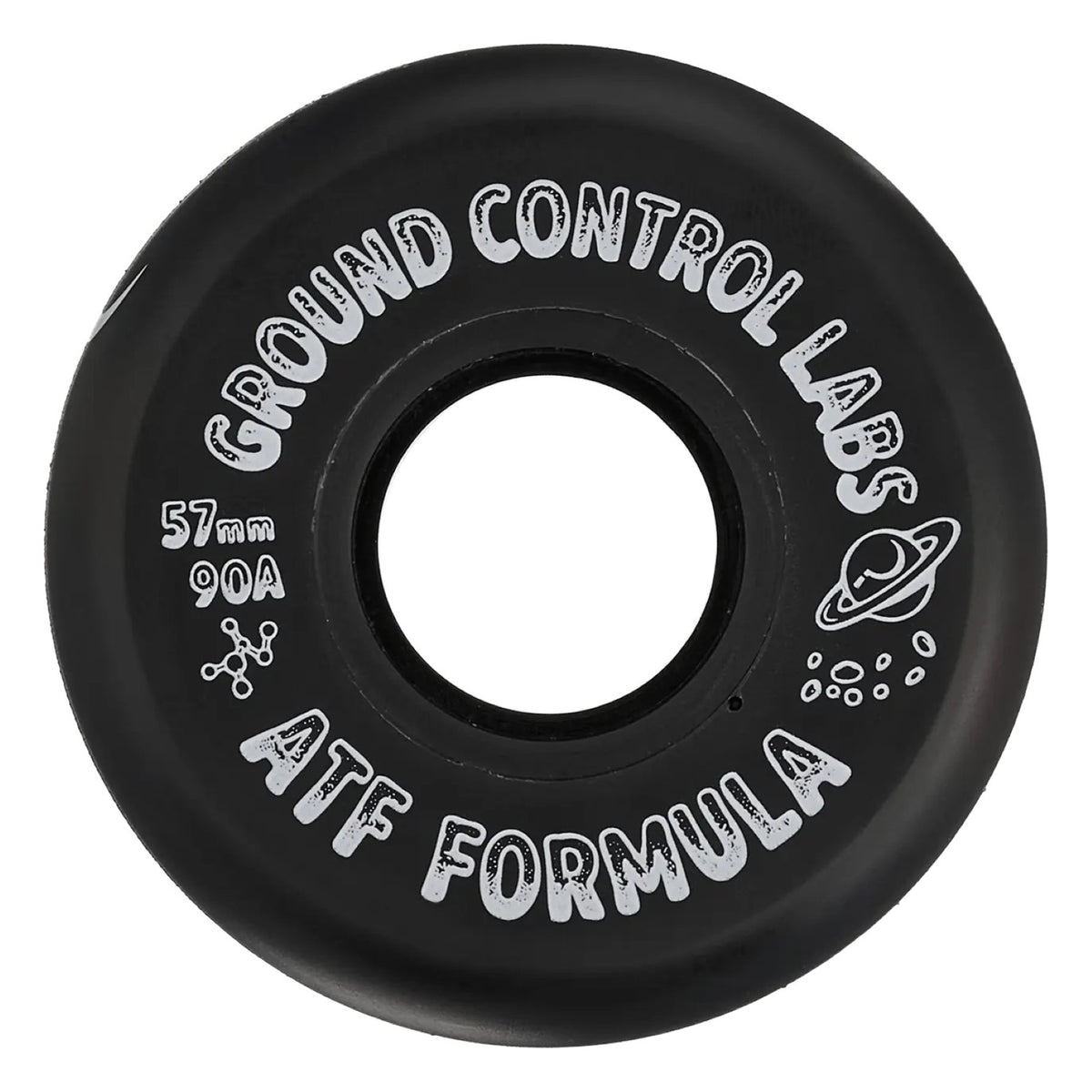 A close up shot of a black skate wheel with white text that reads "GROUND CONTROL LABS 57mm 90A ATF FORMULA" and a white graphic of a planet with a ring. The wheel is featured on a white background.