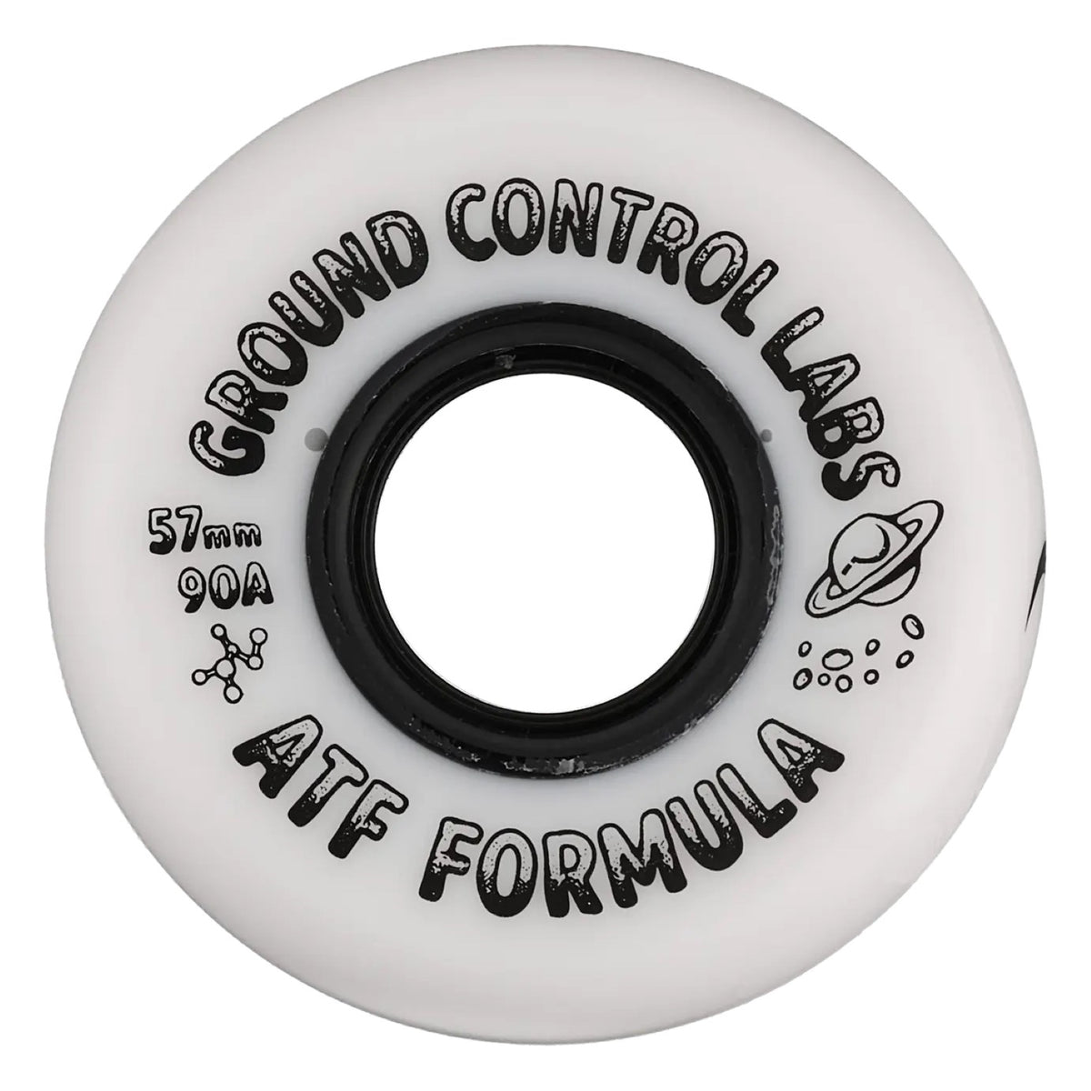 A single white skate wheel with black printed text reading 'GROUND CONTROL LABS ATF FORMULA' and size markings '57mm 90A', shown on a plain white background.