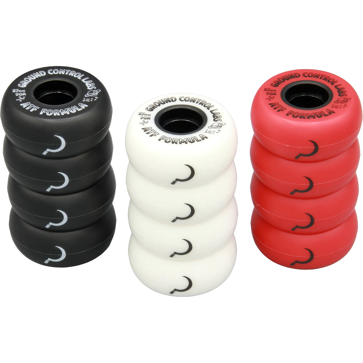 Three stacks of four skate wheels in black, white and red. Each wheel has a sickle graphic on the side and printed text that read ground control atf formula. the stacks of wheels are featured on a white background.