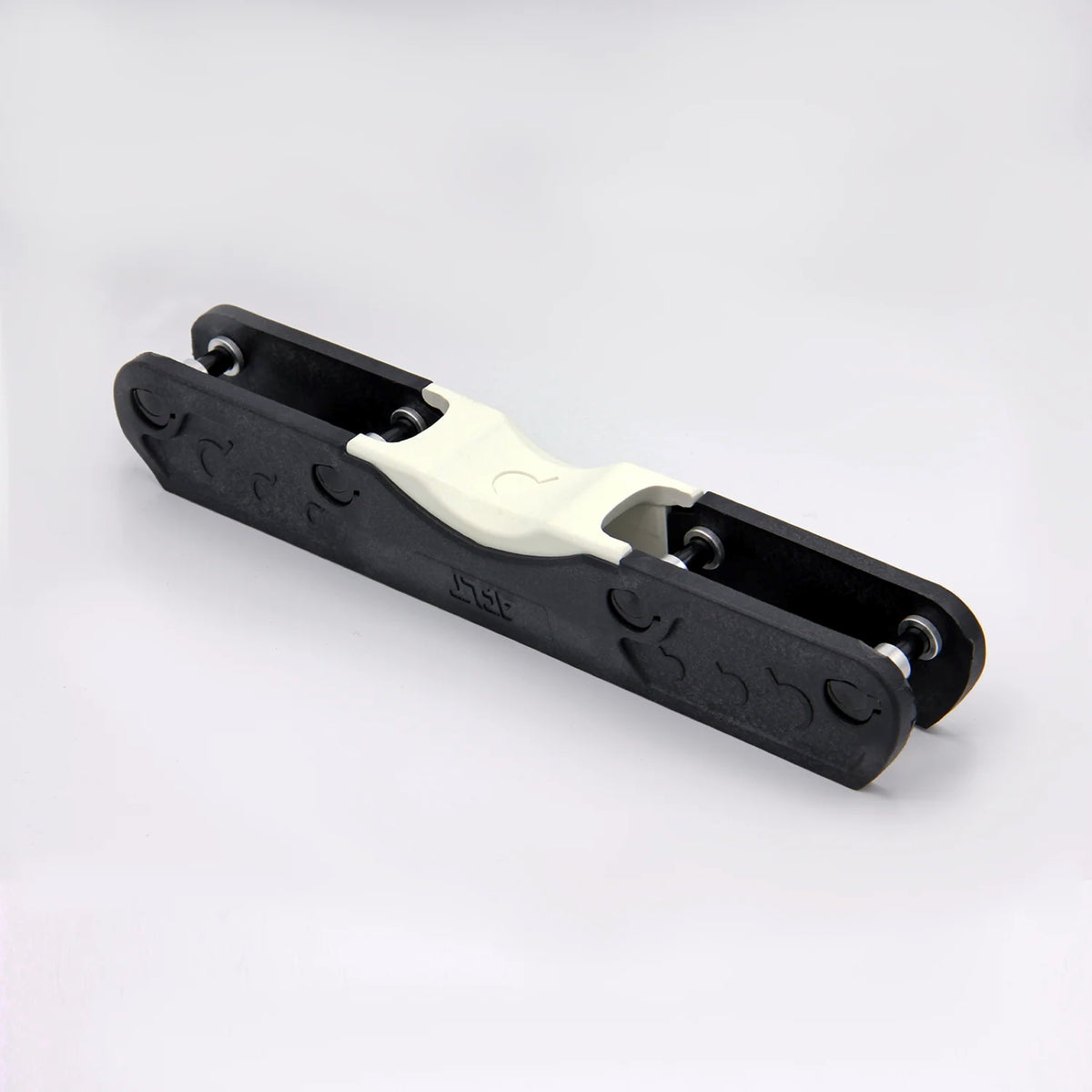 A black and white aggressive inline skate frame on a white background.