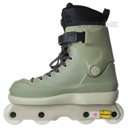 A single inline skate boot in sage green with a black ankle strap and black collar, mounted on a cream-colored wheel base with white wheels.