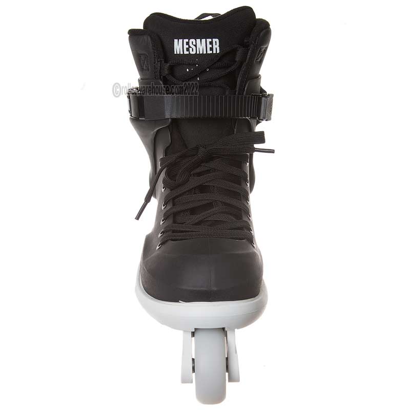 A black inline skate boot with a white base and a white wheel, featuring the brand name 'MESMER' printed in white on the tongue, set against a plain white background.