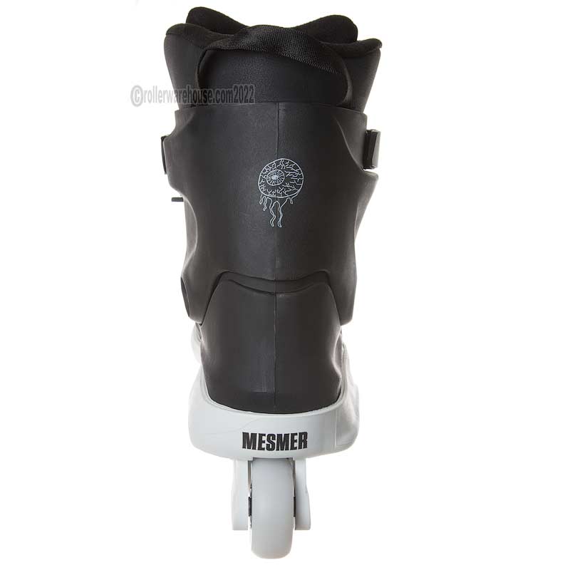 A black inline skate boot with a white wheel base, featuring a jellyfish logo on the side and the brand name 'MESMER' printed on the white base.