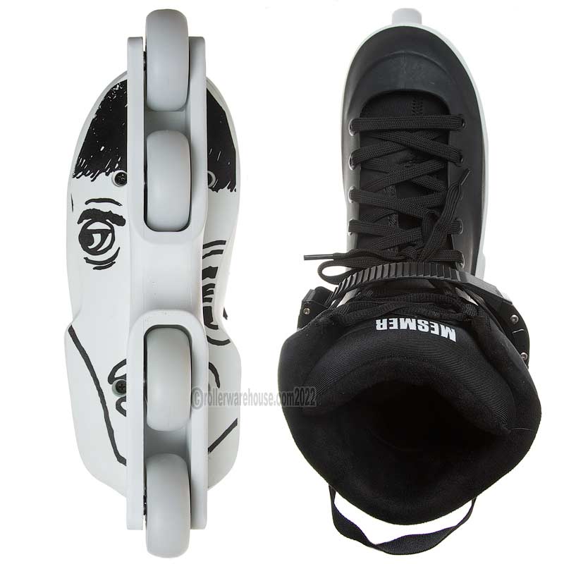 A pair of inline skates shown from two angles: a side view of a white skate with black graphic line art and gray wheels, and a top-down view of a black lace-up skate with white 'MESMER' branding on the ankle cuff.