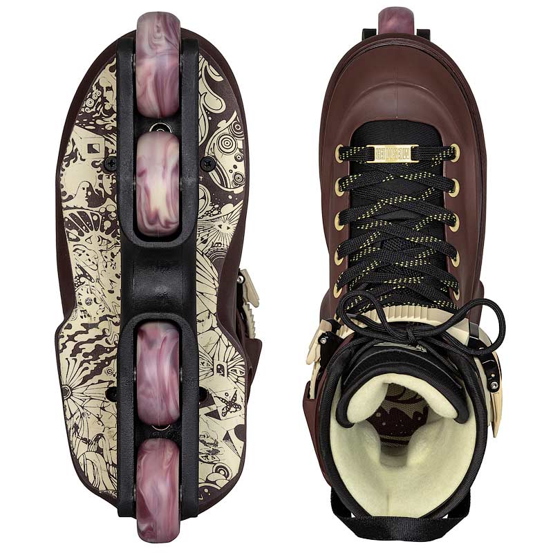 A pair of inline skates shown from two angles: a side profile view on the left and a top-down view on the right. The skates feature a dark brown leather upper with black laces, gold eyelets, and a cream-colored floral pattern on the deck.