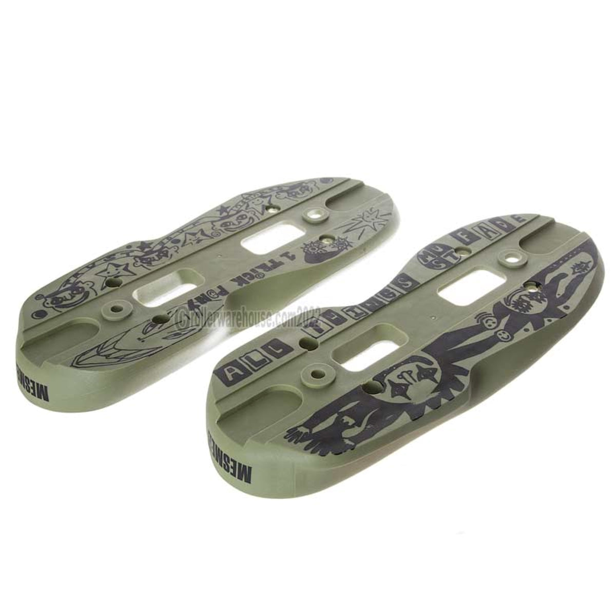 Two green aggressive inline skate parts called soul plates with a black graphic and screw holes milled into them. they are featured on a white background.
