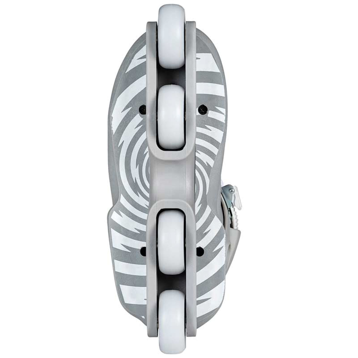 A close-up of a gray and white patterned inline skate blade with four white wheels and a silver buckle, shown against a plain white background.