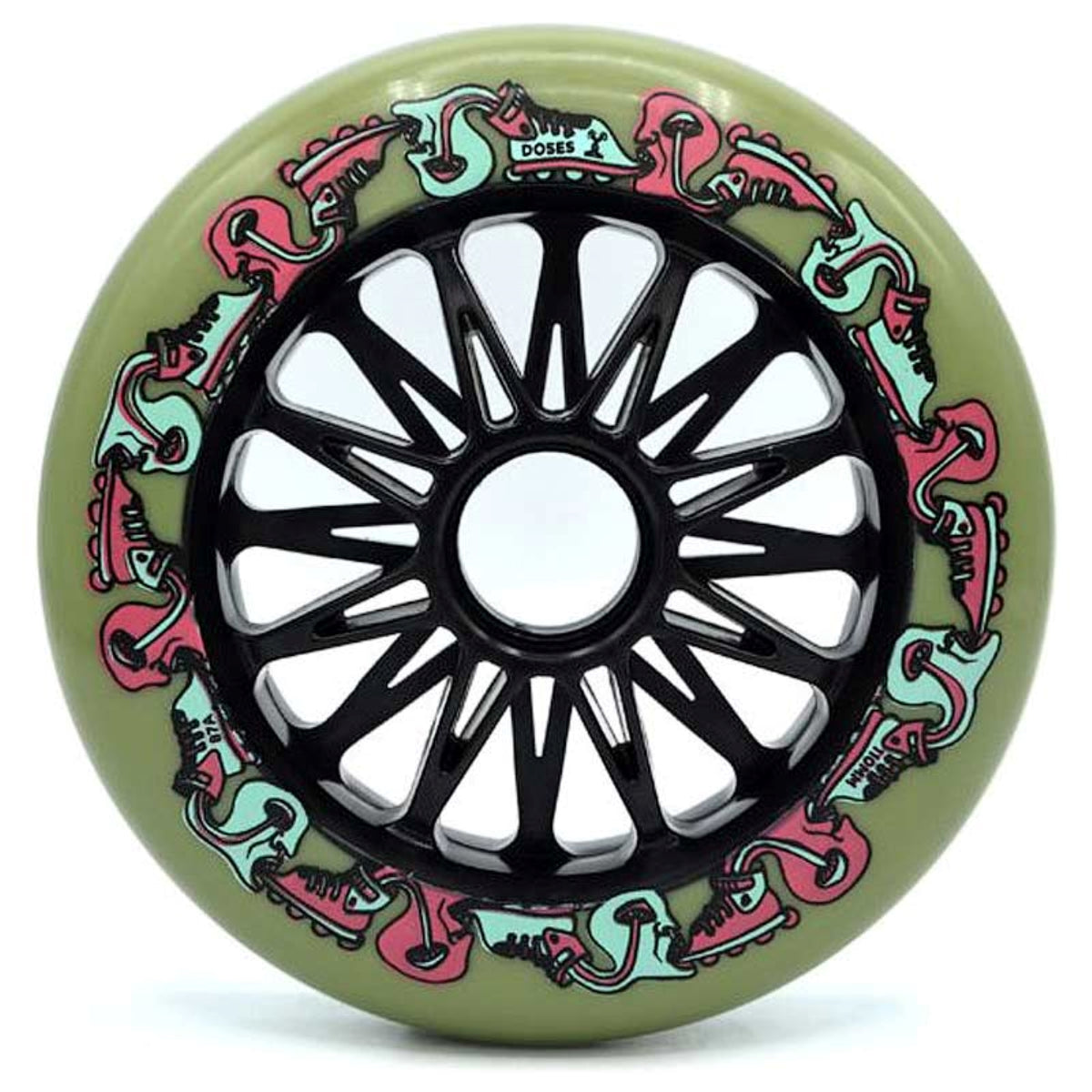 A single Inline skate wheel in green with black spokes and core. The wheel features a pink and light blue graphic with small text that reads "doses" "110mm" and "87a". The wheel is featured on a white background.