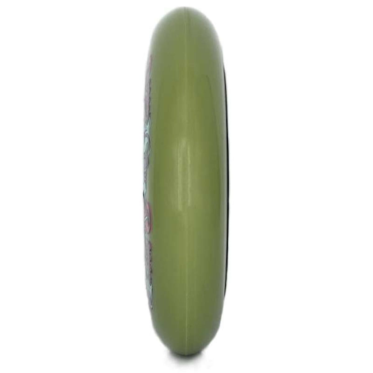 Up-close profile view of a green inline skate wheel. A small amount of the graphic is visible on the left side and a very small portion of the black spokes or core is visible on the right. The wheel is featured on a white background.