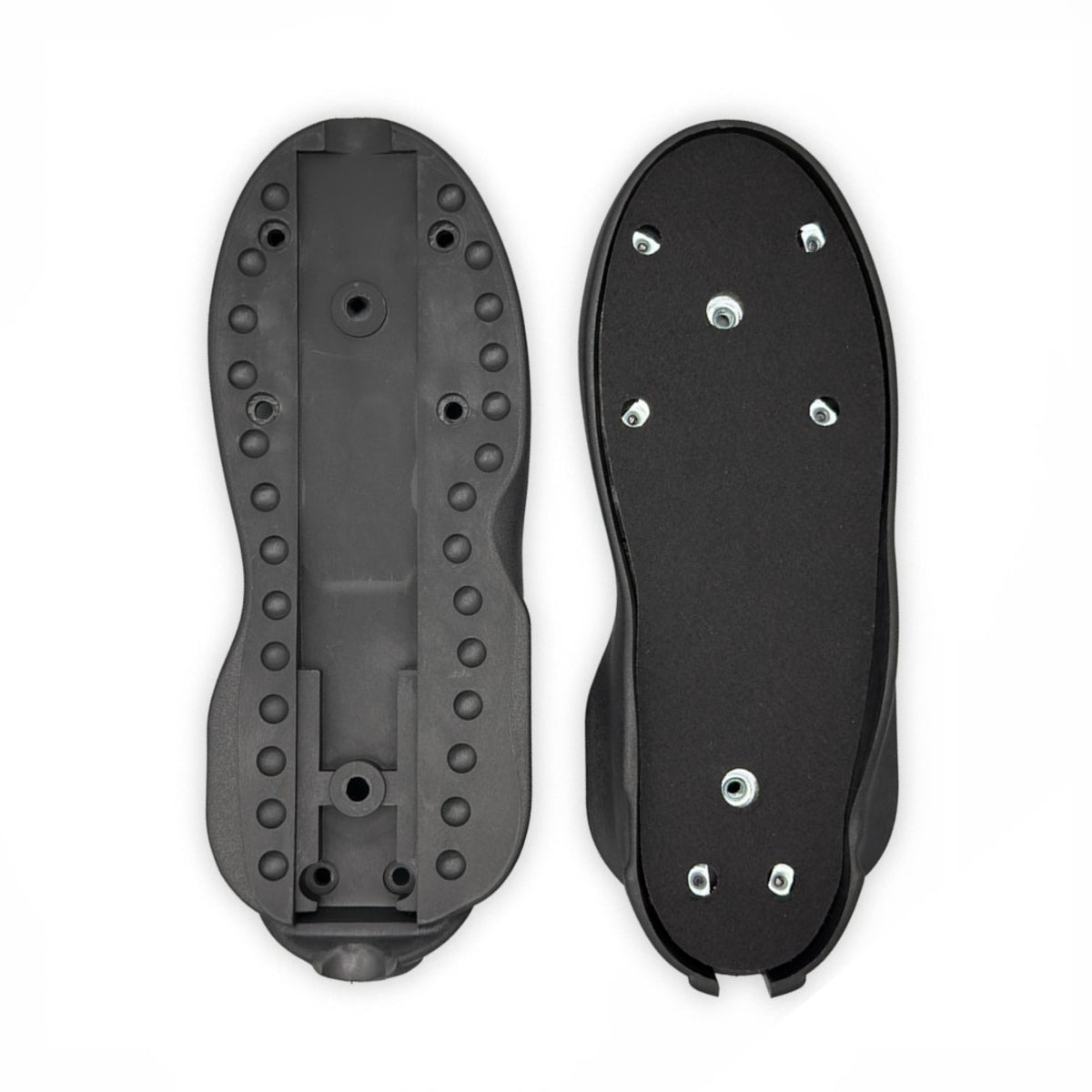 A front and back view of black aggressive inline skate soulframes side by side featured on a white background.