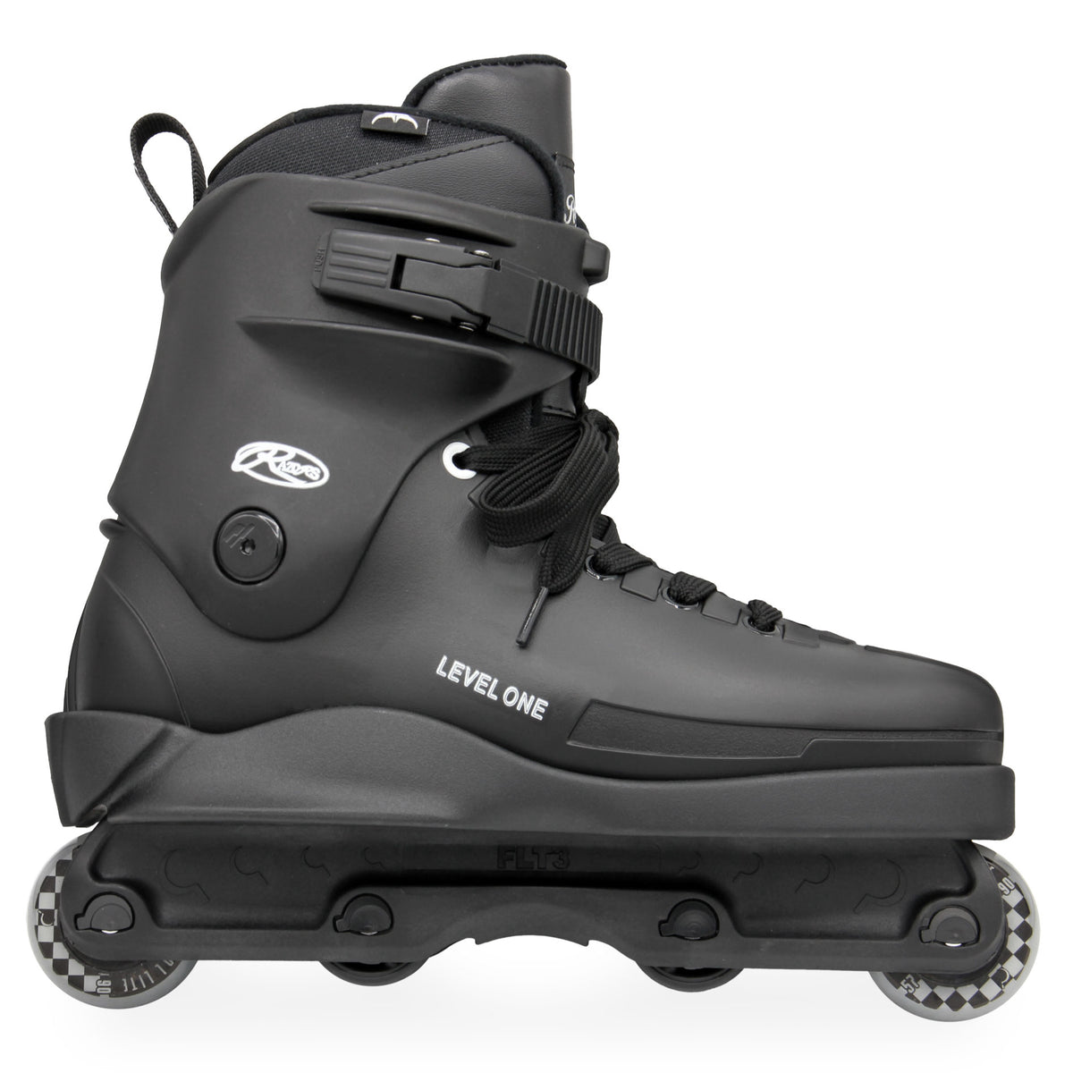 A black inline skate boot with a matching black wheeled base and clear wheels, shown from a side profile view on a white background. The brand logo 'PCK' is visible on the side of the boot, along with the text 'LEVEL ONE'.
