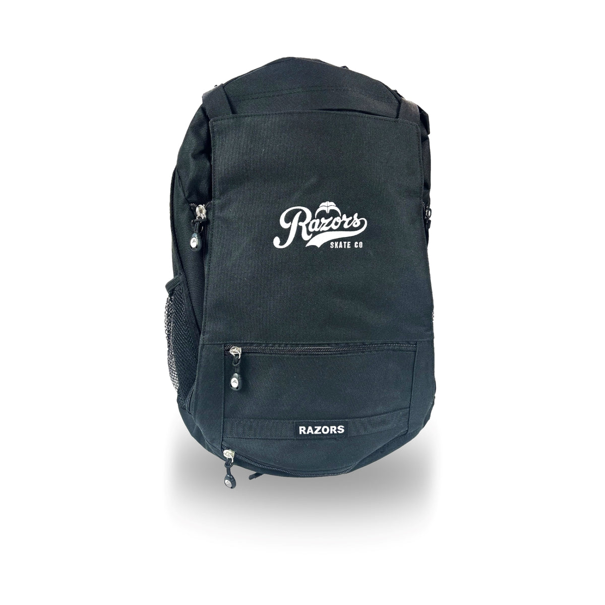 A black canvas backpack with white 'Razors Skate Co' branding on the front, shown against a plain white background.
