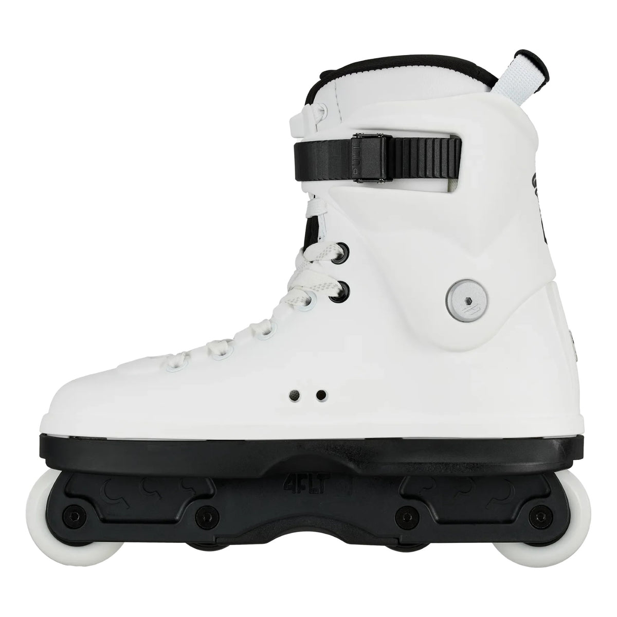 A white inline skate with a black buckle strap and a black chassis holding white wheels, shown from a side profile on a white background.