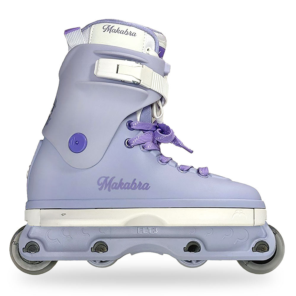 A single inline skate boot in light lavender purple with white plastic buckles and trim, purple laces, and the brand name 'Makabra' printed on the side and tongue, shown on a white background.