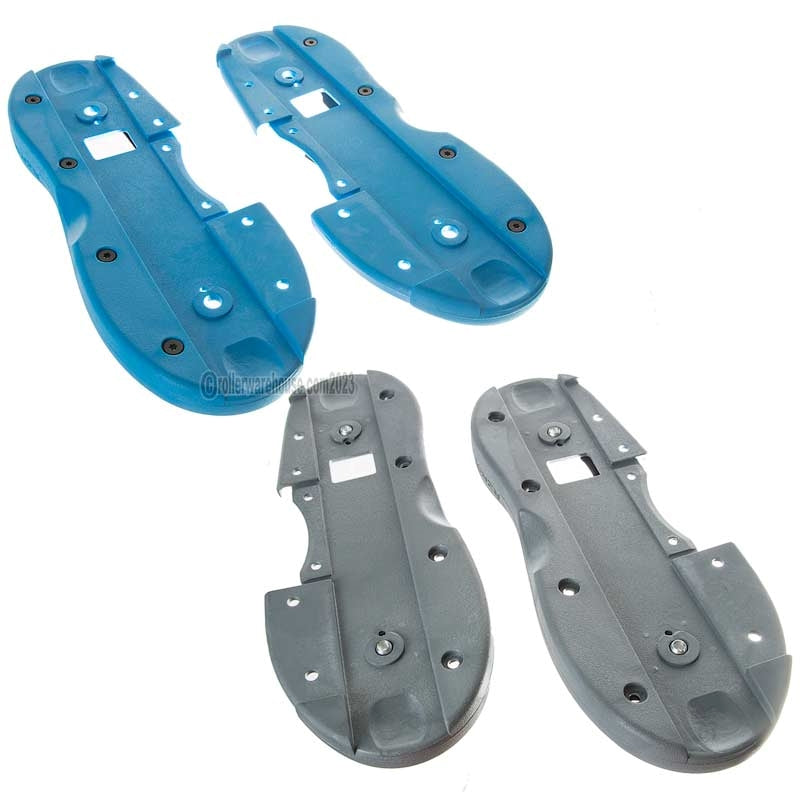 2 pairs of plastic aggressive inline skate parts known as soul plates in grey and blue with black bolts in their respective screw holes featured on a white background.