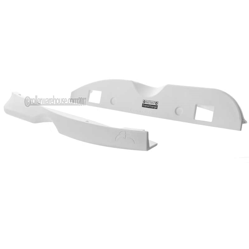2 plastic aggressive inline skate parts with custom molding, screws and cutouts on a white background