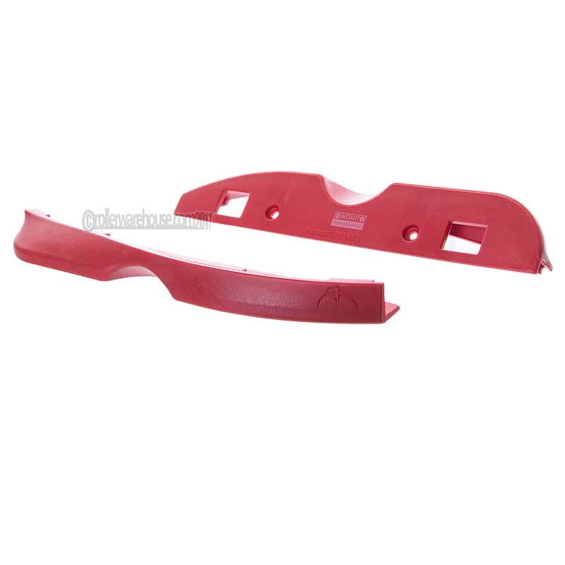 2 plastic aggressive inline skate parts with custom molding, screws and cutouts on a white background