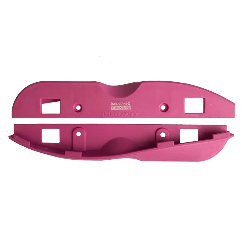 2 plastic aggressive inline skate parts with custom molding, screws and cutouts on a white background