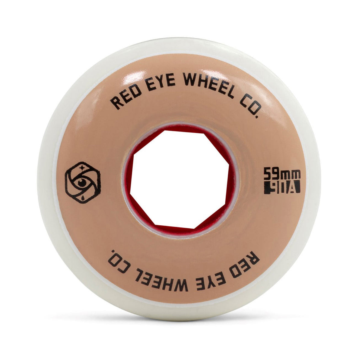 Close up shot of a white urethane aggressive inline skate wheel with a solid tan graphic and black text that reads "RED EYE WHEEL CO. 59MM 90A". Also in black is the logo of the company and the core of the wheel is red. The wheel is featured with a white background.