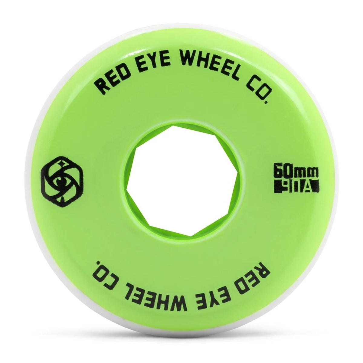large close up image of a single aggressive inline skate wheel. The wheel face and core are green with black text the reads "RED EYE WHEEL.CO" "60mm 90a" and a small black logo of the company. The wheel urethane itself is white.