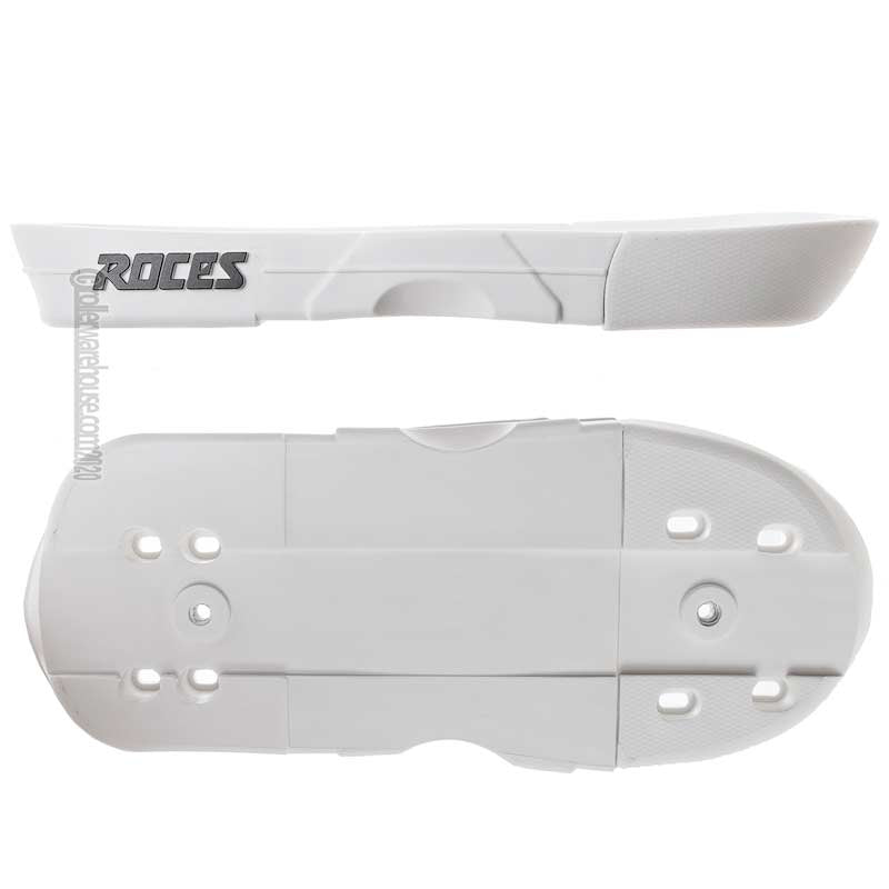 A white soul plate for an aggressive inline skate pictured from both the side and bottom with "roces" branding on the side. The product is featured against a white background.