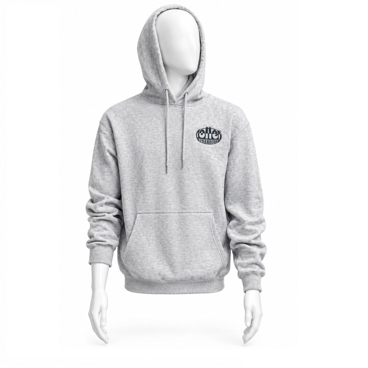 A grey sweatshirt with a company logo on a mannequins top half on a white background