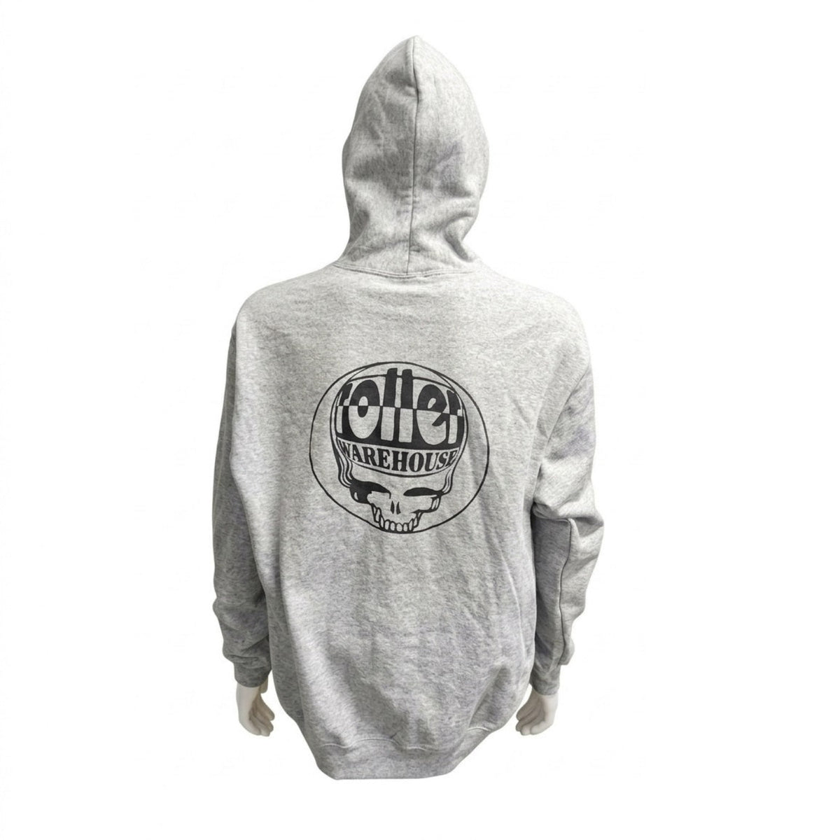A light gray heather pullover hoodie shown from the back, featuring a large black circular graphic with a skull and the words Roller Warehouse printed on the center back.