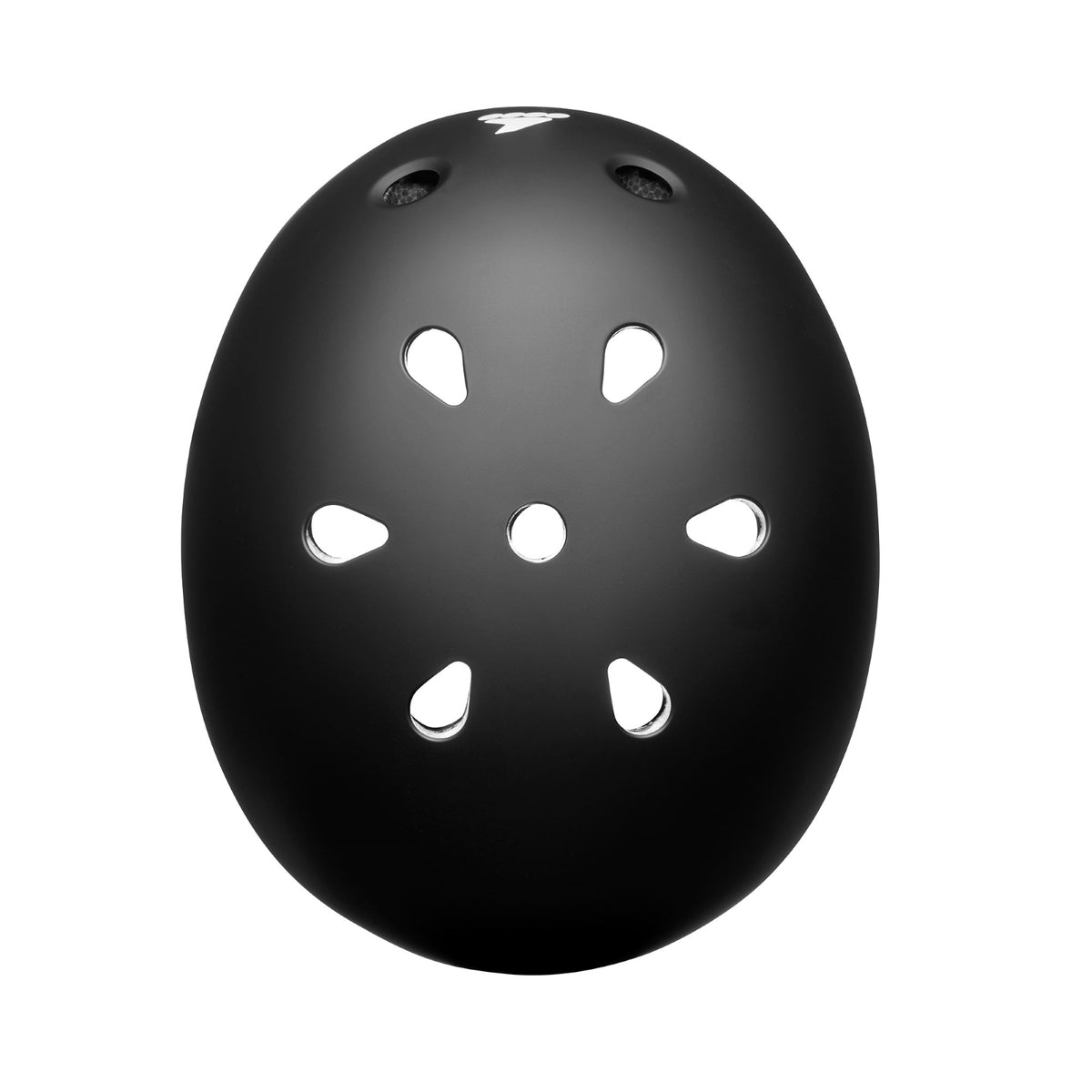 A matte black skateboarding helmet shown from the front against a solid white background.